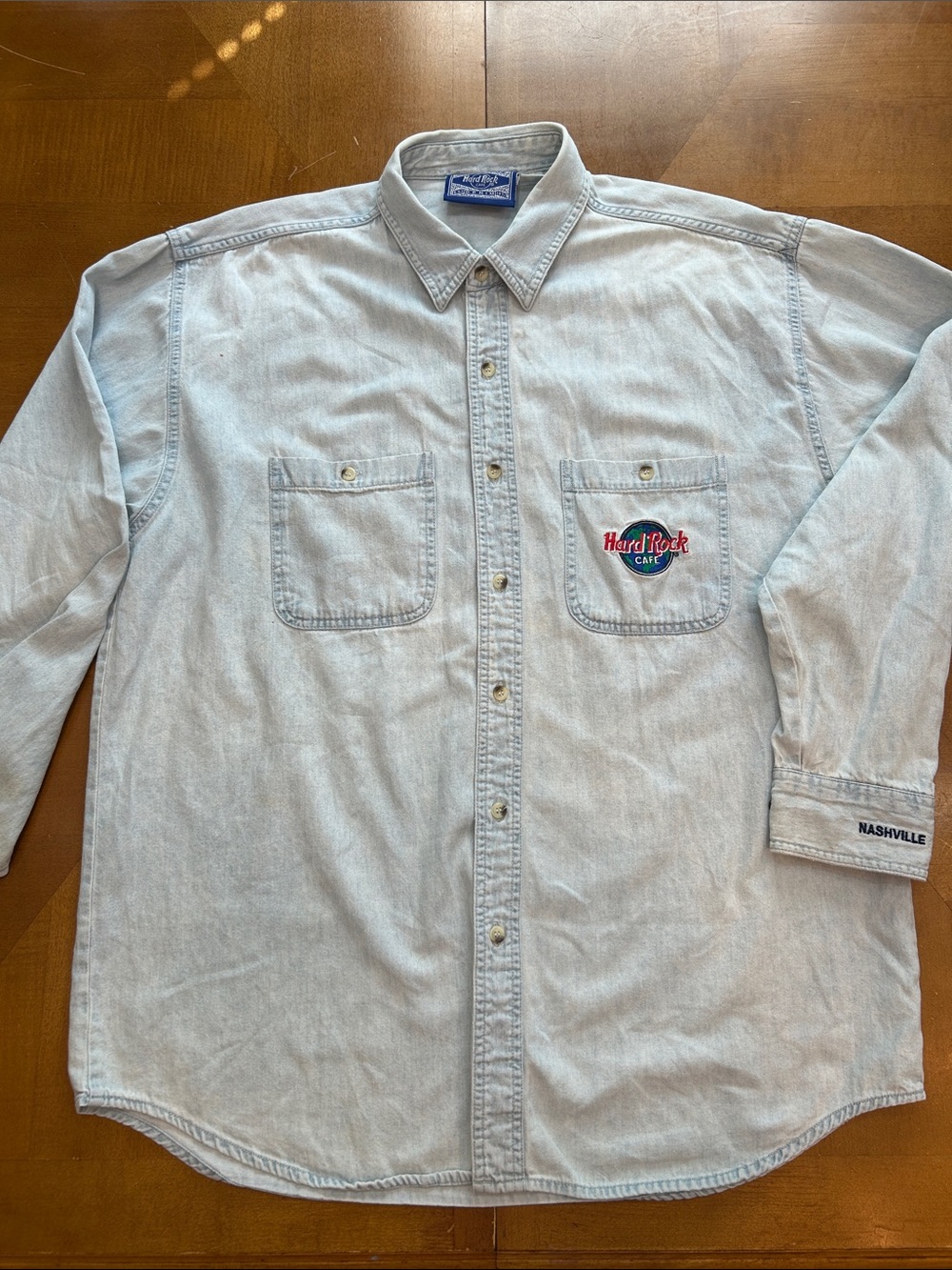 Hard Rock Cafe Light Blue Denim Button-Down Shirt with Embroidered Logo